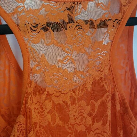 Y2k Tank Top Orange Floral Lace Back Sheer Cheetah Front 90's 2000s Women's Sz L - Picture 7 of 11